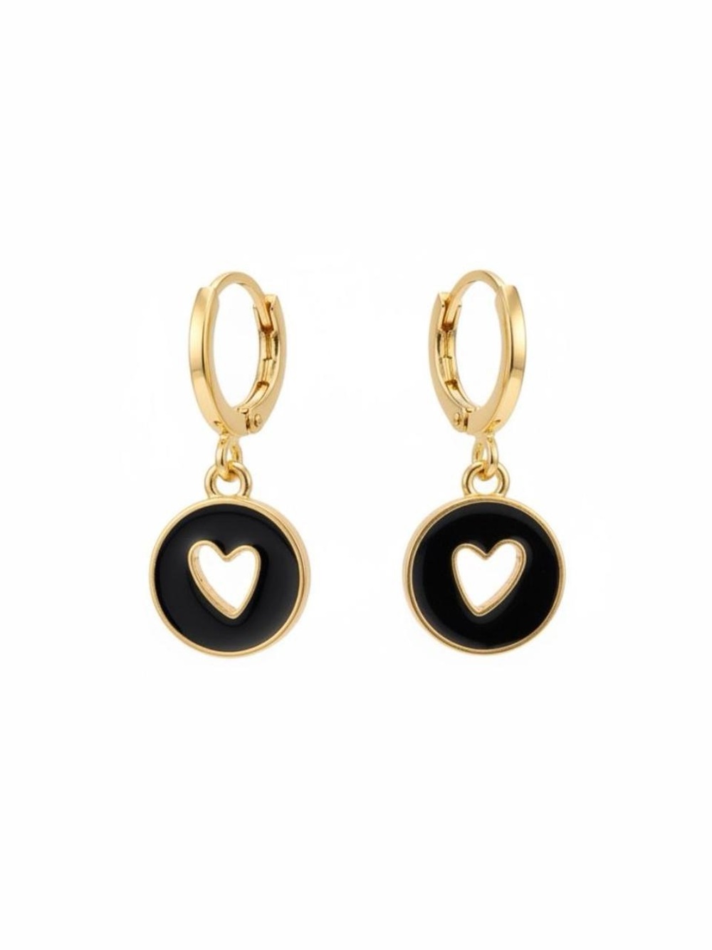 Gold Hoop Earrings with Black Heart Disc - Unbranded